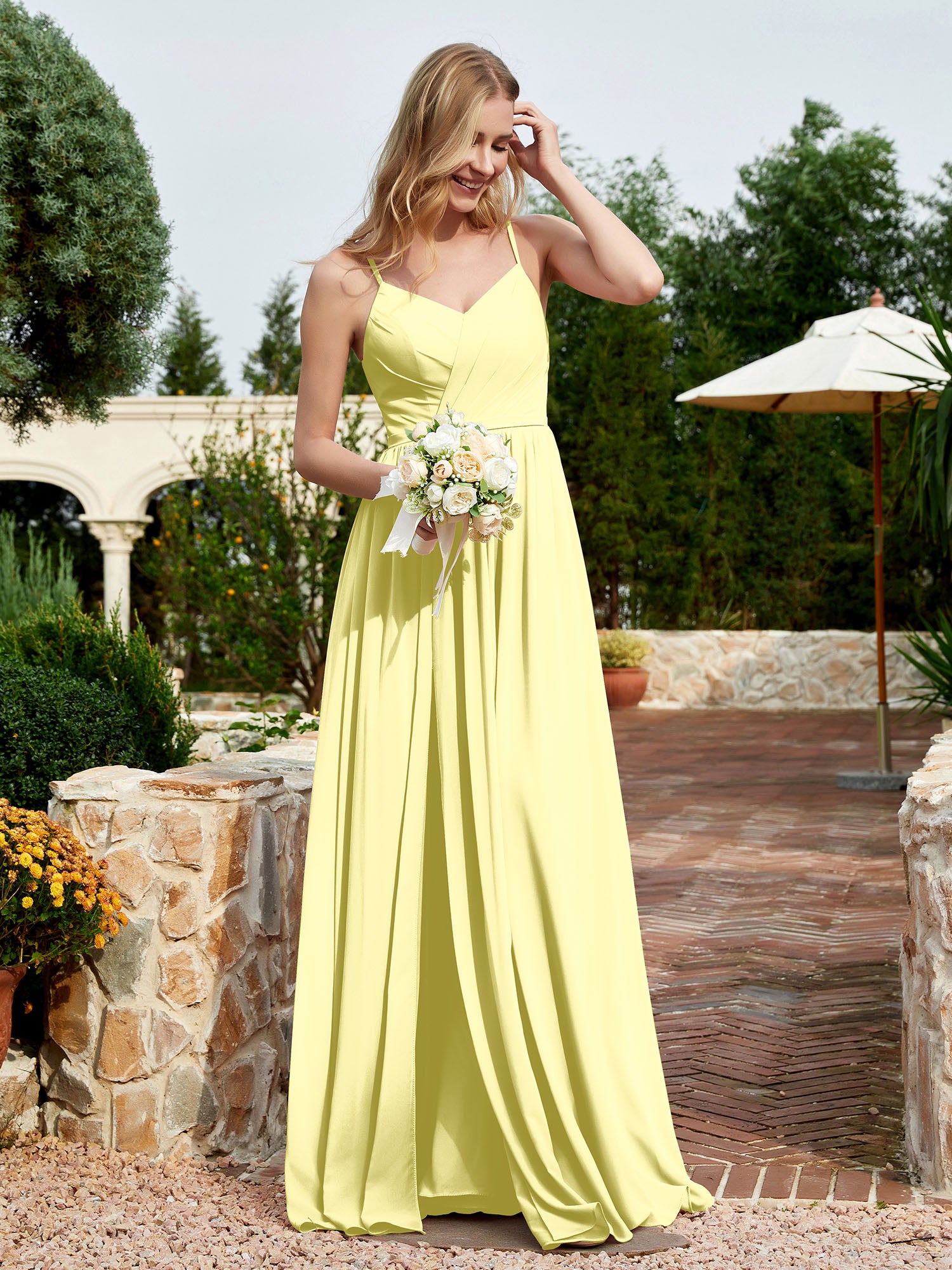 V-neck Spaghetti Straps Bridesmaid Dress With Slit Daffodil